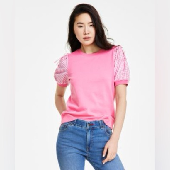 New Tommy Hilfiger Pink Gingham Sleeve Cold Shoulder Sweatshirt Shirt Medium - Picture 5 of 6